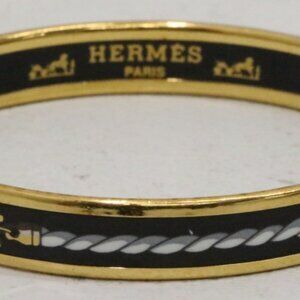Hermes Enamel Narrow Printed Black/Gold Bangle Bracelet 9"